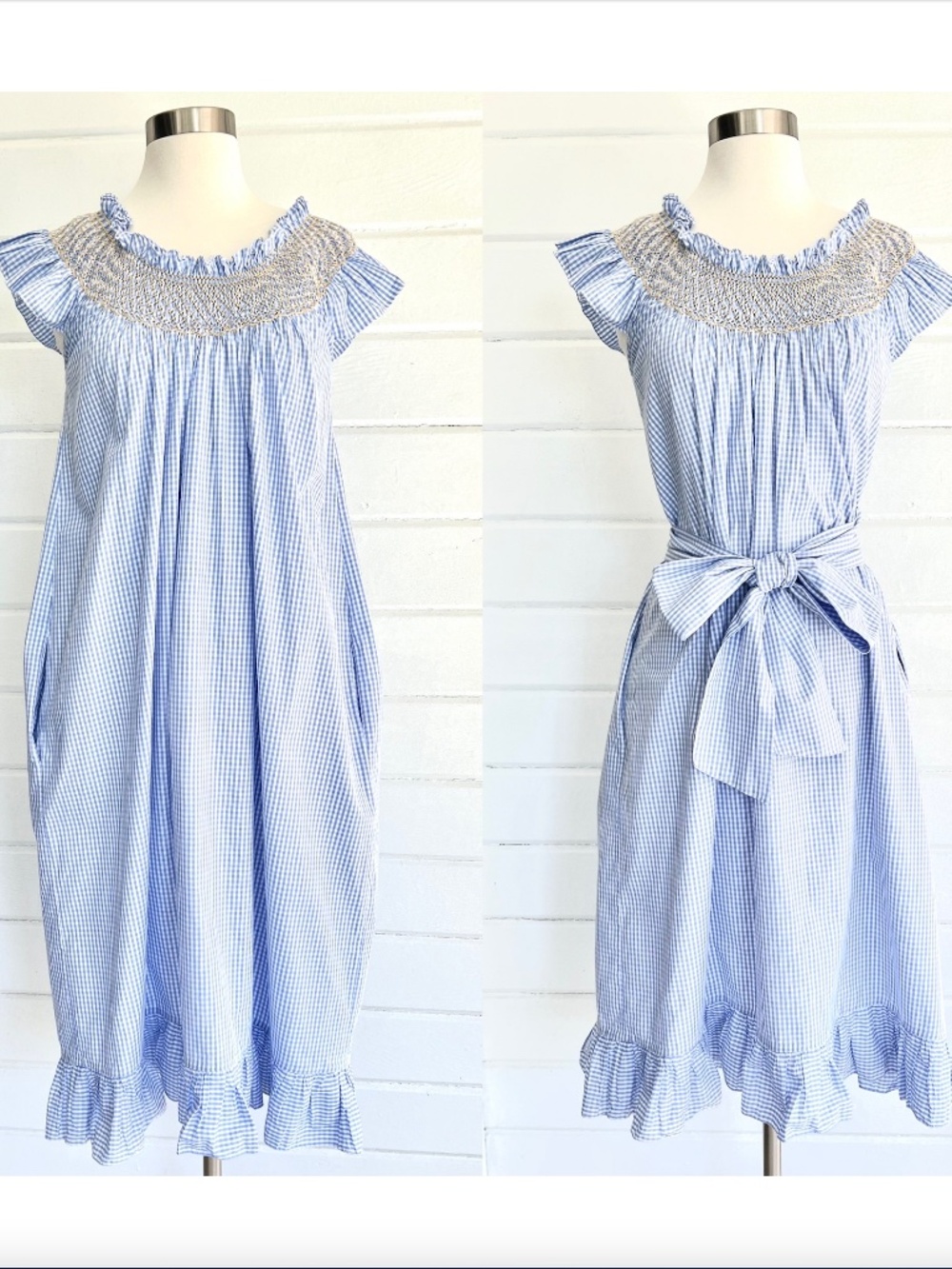 LORETTA CAPONI Firenze Delfina Smocked Midi Dress in Blue Gingham - XS